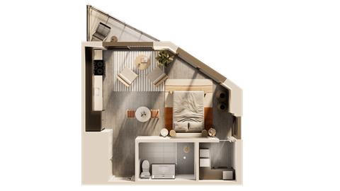 a rendering of a bedroom with a bed and a bathroom